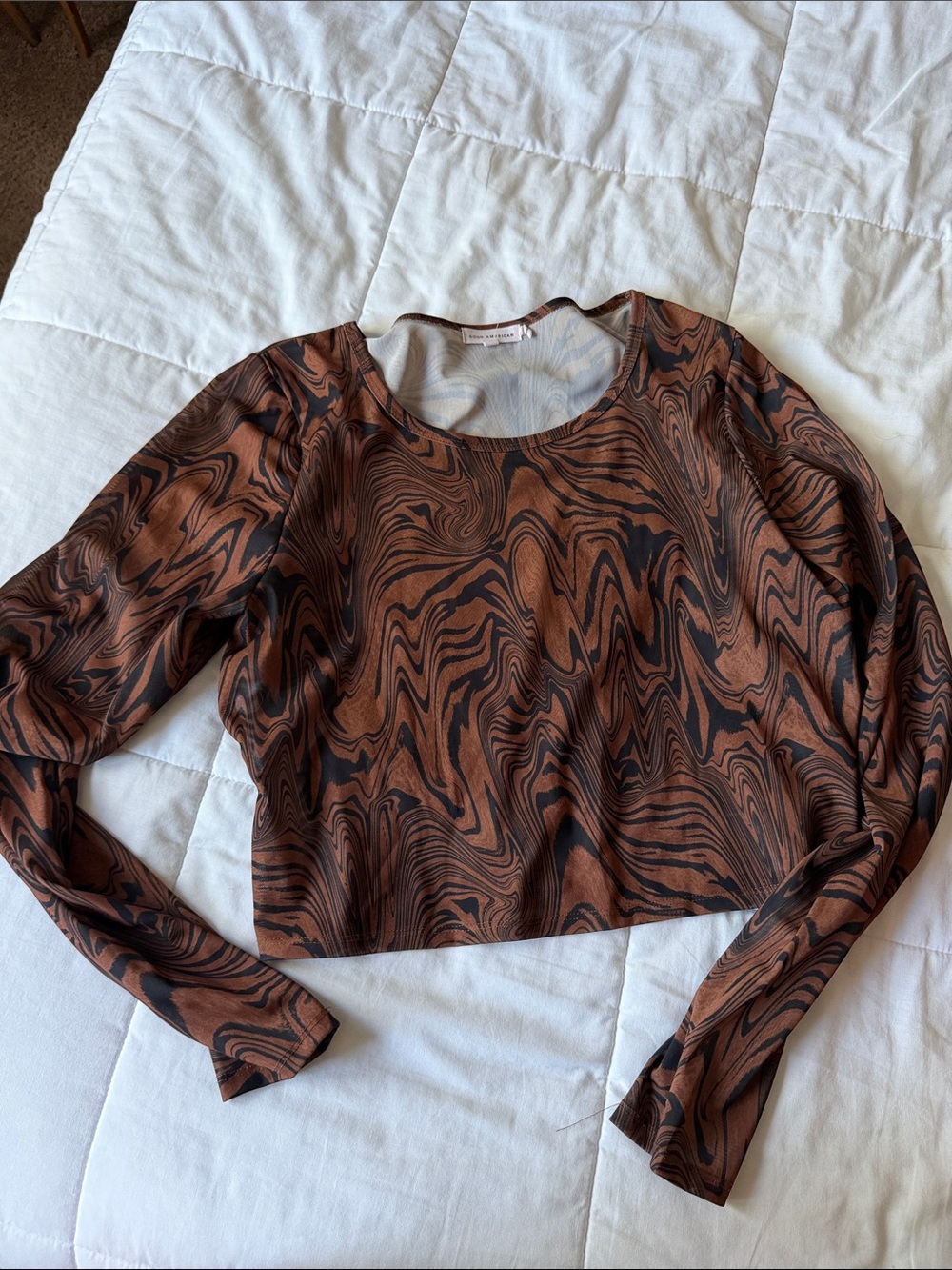 Women's Brown Marble-Print Long Sleeve Top - Mesh/See Through